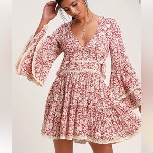 Free People Kristall Berry Red Floral Print Bell Sleeve Mini Dress!